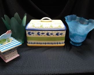 2 Vases, bread box and Frog container
