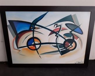 Colorful Abstract Painting of a Car Signed and Framed