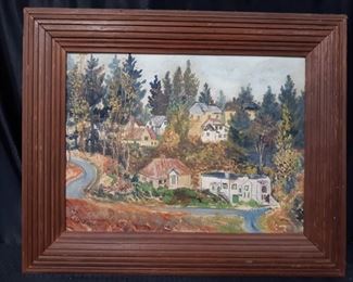 Framed signed painting Village in Autumn