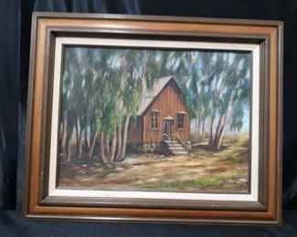 Large framed signed painting of a cabin in the woods