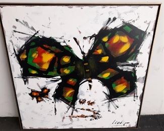 Signed Abstract Butterfly Framed Painting on Canvas
