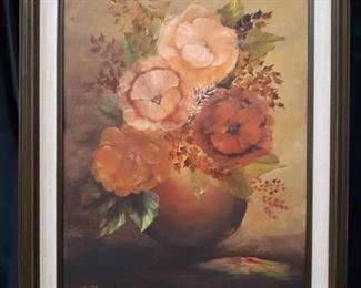 Signed floral framed painting by K. Marsh