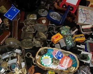 political and fun button pins, unused rolls of 35mm film