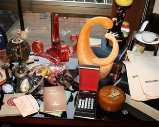 art glass, vintage bank bags