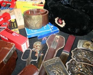 Russian buckle and belt, fur winter hat