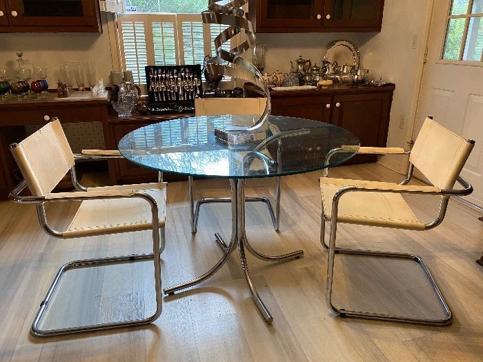 MCM Catilever Chrome & White Leather Chair & Table 