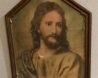 VINTAGE WAVY GLASS JESUS DEPICTION WITH GREAT OLDER FRAME.