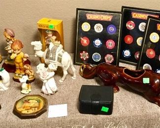 VINTAGE CASINO CHIPS, PLUS VINTAGE ANRI FIGURES & LENOX PORCELAIN CAMEL.