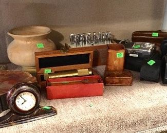 VINTAGE CLOCK, BOOKENDS, CAMERAS & MORE.