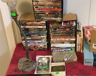 VERY EARLY ANTIQUE TABLE LAMP, PLUS DVDS.