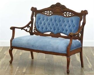 Carved Antique Victorian Tufted Blue Velour Settee