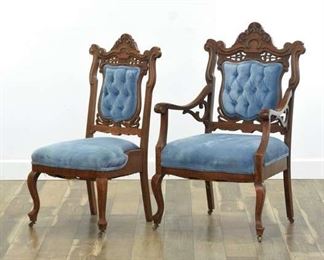 Pair Carved Victorian Tufted Velour Accent & Armchair