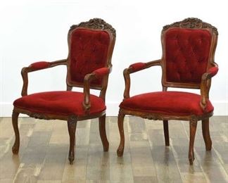 Pair Carved Victorian Red Velour Tufted Back Armchairs 
