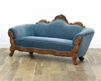 Carved Antique Empire Blue Velour Sofa