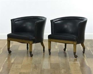 Pair Mid Century Black Barrel Back Armchairs W Nailhead