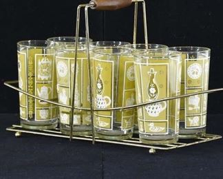 Set Of 8 Vintage Colonial Motif Tumblers & Caddy