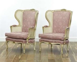 Pair Vintage Regency Pink Wingback Cane Armchairs