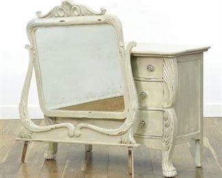 Carved Shabby Chic Hollywood Regency Dresser W Mirror