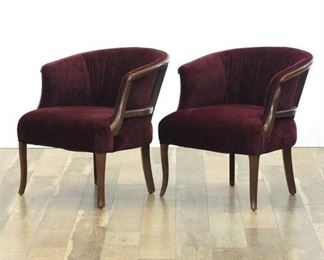 Pair Art Deco Purple Velour Barrel Back Armchairs