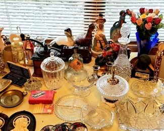 Glassware, crystal, vintage wall plaques, china roses, blue art glass vase etc.