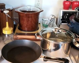 More pots & pans, ice bucket, crock pot & novelty apple salt & pepper shakers