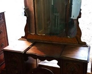 Antique Kneehole Art Deco Vanity with Mirror (Part of 3-piece Set)