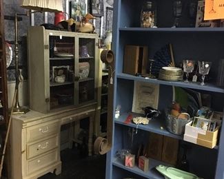 Vintage Desk, Pie Cabinet, and Bookshelf, with Collectibles for Sale