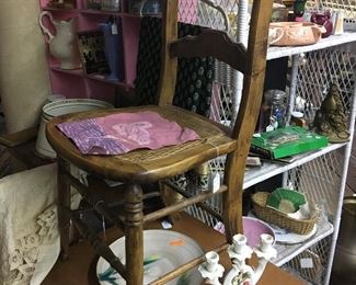 Vintage Chair, Collectibles, End Table, and Shelves