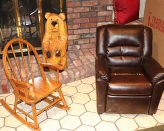 Child Size Spindle Back Rocking Chair and Easy Chair with Carved Bear