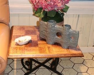 Wood Top Parquet Style Table with Metal Base and Decorative Items