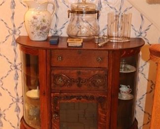 Wood Cabinet with Glass Sides and Front Panel, with Decorative Serving Pieces