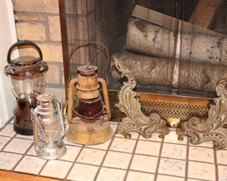 Assorted Lanterns and Fireplace Accessories