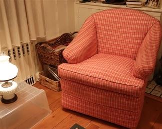 Upholstered Easy Chair and Vintage Lamp