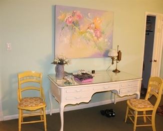 White Provincial Desk with Glass Covering , Pair of Yellow Chairs and Floral Art with Vintage Desk Lamp