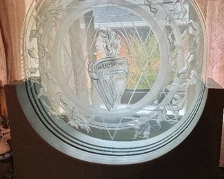 Rick Harry etched glass medallion on stand