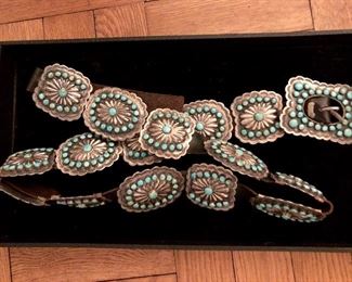 Turquoise and sterling silver signed concho belt