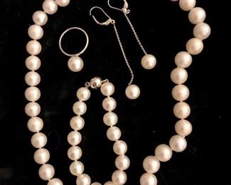 Pearl necklace, bracelet, ring and earrings set