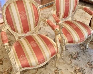 Pair Louis XV style painted upholstered armchairs