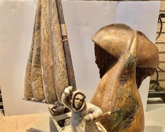 Inuit carving of whalers and whale - signed "Drake"