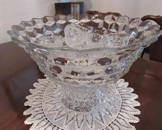 18" Fostoria punch bowl on stand with 21 cups