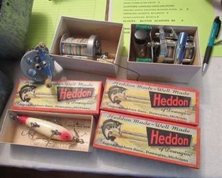 Vintage lures in original boxes, vintage reels in excellent condition