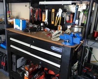 work bench & misc. small power & hand tools