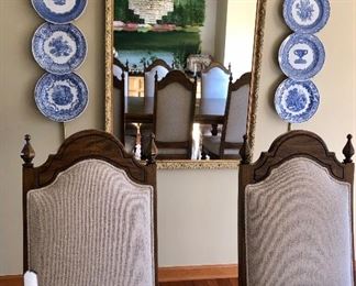 Gold frame mirror and 6 Spode plates "Blue Room Collection"