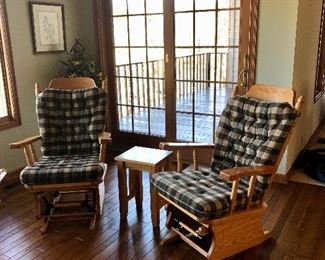 Two oak glider rockers, small pine table