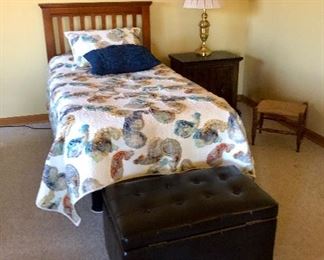 Twin bed, bed side table, storage bench, foot stool and lamp