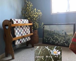 Quilt rack, quilt, Painting signed and dated; CAROLYN BLISH '68