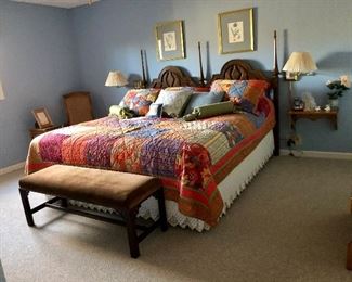 King size bed, with King size "Sleep Number" mattress, velvet bench, colorful quilt