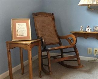 Vintage cane back rocker, small side table
