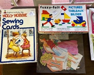 Holly Hobbie sewing cards (6 cards with yarn), Fuzzy-felt, 1978 Barbie paper dolls
