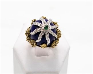 14k yellow & white fold diamond and emerald ring 